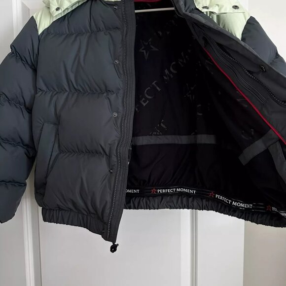 NEW PERFECT MOMENT Gray/Mint Hooded Down Ski Puffer Jacket Size M - Picture 9 of 11